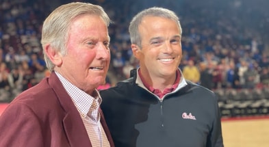Former South Carolina football coach Steve Spurrier with current headman Shane Beamer. Photo: Mike Uva / GamecockCentral.com