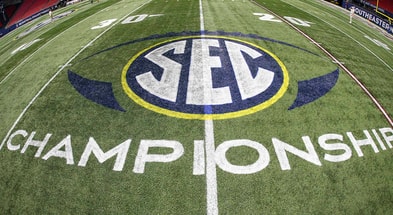 The SEC Championship logo on the field at Mercedes-Benz Stadium