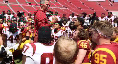 USC Trojans head coach Lincoln Riley talks to players at the conclusion of the Spring Game at Los Angeles Memorial Coliseum