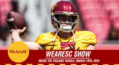WeAreSC's Inside the Trojans' Huddle episode art, discussing the opening of USC Trojans' 2024 spring ball.