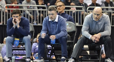 Penn State coach Cael Sanderson and his staff at the 2024 NCAA Wrestling Championships. (Reese Strickland-USA TODAY Sports)
