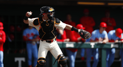 Cannon Peebles throws the ball back to the pitcher during Tennessee's 15-4 win over Ole Miss on March 24. Credit: UT Athletics