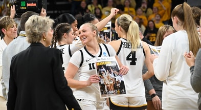 Iowa guard Syd Affolter celebrates the Hawkeyes punching their ticket to the Sweet 16. (Photo by Dennis Scheidt)