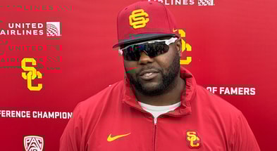 USC defensive line coach Eric Henderson speaks to the media following a spring ball practice with the Trojans