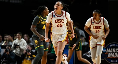USC Trojans guard McKenzie Forbes (25) celebrates after scoring a basket during the first half against the Baylor Lady Bears in the semifinals of the Portland Regional of the 2024 NCAA Tournament at the Moda Center