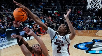 outh Carolina Gamecocks forward Ashlyn Watkins (2) blocks a shot against Oregon State Beavers guard Talia von Oelhoffen (22) during the first half in the finals of the Albany Regional of the 2024 NCAA Tournament at MVP Arena. Mandatory Credit: Gregory