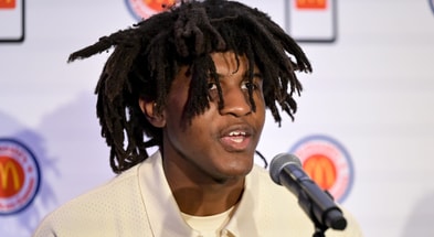 McDonald's All American East forward Jayden Quaintance speaks during a press conference - Maria Lysaker-USA TODAY Sports