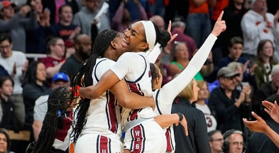 South Carolina Gamecocks guard Bree Hall (23) and South Carolina Gamecocks forward Sania Feagin (20) celebrate the victory after the game against the Oregon State Beavers in the Albany Regional of the 2024 NCAA Tournament at MVP Arena. Mandatory Credit: Gregory Fisher-USA TODAY Sports