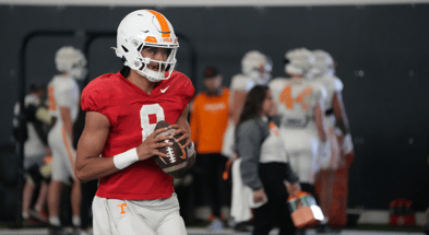 Tennessee quarterback Nico Iamaleava gets some work in at spring practice Saturday, April 6. Credit: Volquest