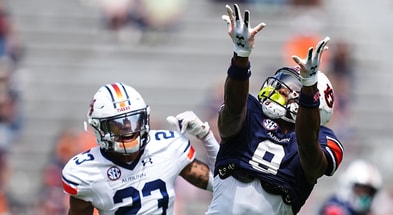 Cam Coleman makes the catch against Jay Crawford during Auburn's spring game. (Photo by Auburn Athletics)