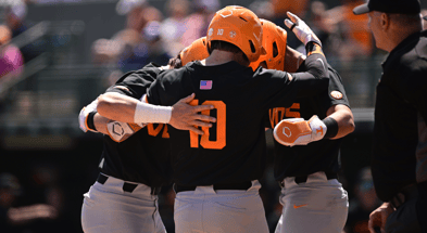Cal Stark celebrates after hitting a home run against Auburn. Credit: Grayson Belanger/Auburn Tigers