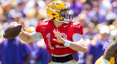 Quarterback Garrett Nussmeier throws a pass during the LSU Tigers Spring Game at Tiger Stadium in Baton Rouge, LA. SCOTT CLAUSE/USA TODAY NETWORK.  Saturday, April 22, 2023.