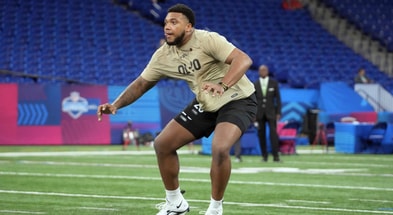 Former Notre Dame offensive tackle Blaker Fisher hopes to hear his name called on Day 2 of the NFL Draft - Credit: © Kirby Lee-USA TODAY Sports
