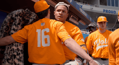 Christian Moore celebrates after a four-hit day against Kentucky. Credit: UT Athletics