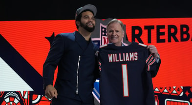 USC Trojans quarterback Caleb Williams poses with NFL commissioner Roger Goodell after being selected by the Chicago Bears as the No. 1 pick in the first round of the 2024 NFL Draft at Campus Martius Park and Hart Plaza