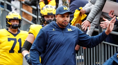 Michigan Wolverines football offensive line coach Grant Newsome previously coached tight ends. (Photo by Junfu Han / USA TODAY NETWORK)