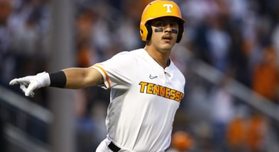 Tennessee outfielder Hunter Ensley celebrates after launching a three-run home run. Credit: UT Athletics