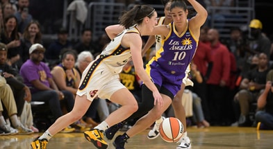 Indiana Fever guard Caitlin Clark (22) is defended by Los Angeles Sparks guard Kia Nurse (10) in the second half at Crypto.com Arena. (Jayne Kamin-Oncea-USA Today)
