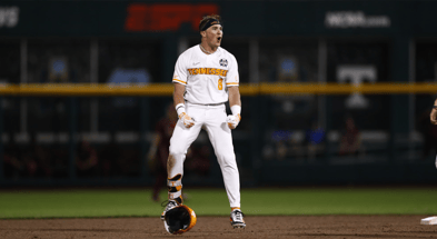 Dylan Dreiling celebrates a walk off hit in the CWS. Credit: UT Athletics