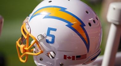 Los Angeles Chargers helmet by Denny Medley-USA TODAY Sports