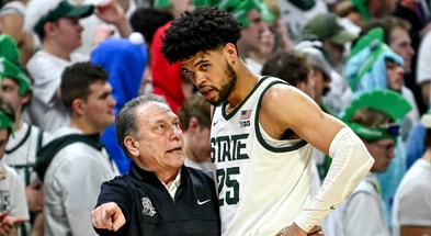 Michigan State's head coach Tom Izzo, left, talks with Malik Hall during the second half in the game against Michigan on Tuesday, Jan. 30, 2024, at the Breslin Center in East Lansing - Nick King, USA Today Sports