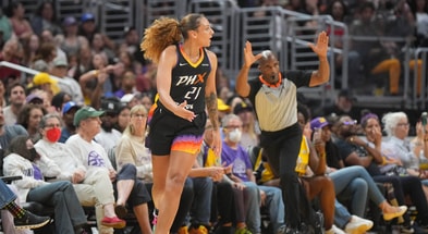 Phoenix Mercury forward Mikiah Herbert Harrigan (21) gestures after a three-point basket against the LA Sparks in the second half at Crypto.com Arena. Mandatory Credit: Kirby Lee-USA TODAY Sports