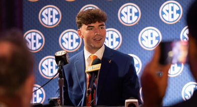 Jul 17, 2024; Dallas, TX, USA; Florida quarterback Graham Mertz speaking to the media at Omni Dallas Hotel. Mandatory Credit: Brett Patzke-USA TODAY Sports