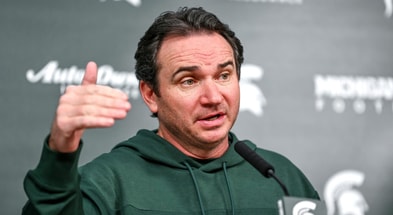 Michigan State coach Jonathan Smith talks the media on the first national signing day for college football recruits Wednesday, Dec. 20, 2023, at Spartan Stadium in East Lansing - Nick King, USA TODAY Sports