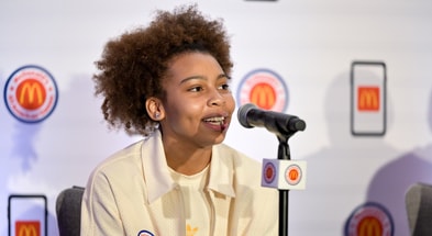 McDonald's All American East guard Madisen McDaniel speaks during a press conference at JW Marriott Houston by The Galleria. Mandatory Credit: Maria Lysaker-USA TODAY Sports