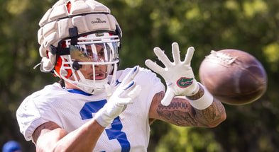 Florida Gators wide receiver Eugene Wilson III (3) hauls in a pass while taking balls from a throwing machine during University of Florida Gators’ Spring football practice at Sanders Practice Fields in Gainesville, FL on Thursday, March 28, 2024. [Doug Engle/Gainesville Sun]