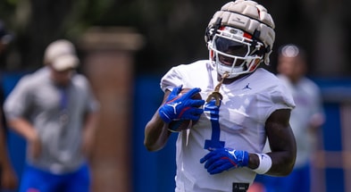 Florida Gators running back Montrell Johnson Jr. (1) hauls in a pass during Fall practice at Sanders Practice Fields in Gainesville, FL on Thursday, August 1, 2024. [Doug