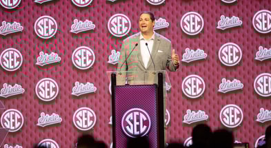 Mississippi State head coach Jeff Lebby speaking at Omni Dallas Hotel. Mandatory Credit: Brett Patzke-USA TODAY Sports