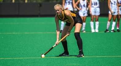 Iowa forward Dionne van Aalsum sets up for a penalty shot in an exhibition game against Northwestern. (Photo by Dennis Scheidt)