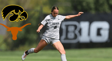 Iowa midfielder Rielee Fetty plays a ball in a Big Ten Conference Game. (Photo by Stephen Mally/UI Athletics)