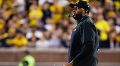 Aug 31, 2024; Ann Arbor, Michigan, USA;  Michigan Wolverines head coach Sherrone Moore looks on from the sideline in the first half against the Fresno State Bulldogs at Michigan Stadium. Mandatory Credit: Rick Osentoski-USA TODAY Sports