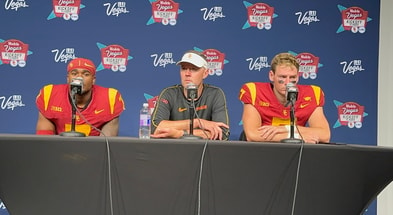 USC safety Kamari Ramsey, head coach Lincoln Riley and Miller Moss speak to the media following the Trojans' 27-20 win against LSU