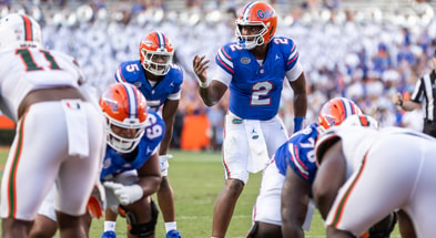 Aug 31, 2024; Gainesville, Florida, USA; Florida Gators quarterback DJ Lagway (2) gestures against the Miami Hurricanes during the second half at Ben Hill Griffin Stadium. Mandatory Credit: Matt Pendleton-USA TODAY Sports