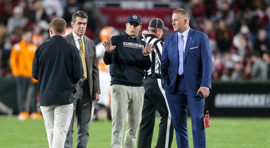 South Carolina head coach Shane Beamer talks with Chris Fowler and Kirk Herbstreit (Photo: Chris Gillespie | GamecockCentral.com)