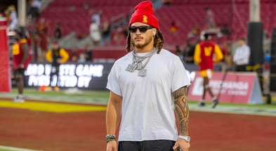 USC linebacker Mason Cobb on the field before the Trojans' game against Utah State