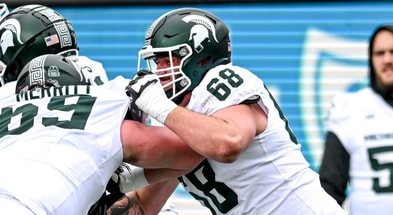 Michigan State's Jacob Merritt, left, and Gavin Broscious run a drill during the Spring Showcase on Saturday, April 20, 2024, at Spartan Stadium in East Lansing - Nick King, USA TODAY Sports