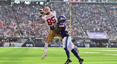 San Francisco 49ers tight end George Kittle (85) catches against the Minnesota Vikings. (Photo by Jeffrey Becker-Imagn Images)