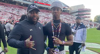South Carolina assistant Sterling Lucas is pictured with 2027 EDGE KJ Green (Photo: KJ Green | X)