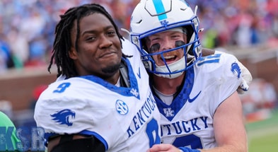 Kentucky QB Brock Vandagriff and Keeshawn Silver celebrate a Kentucky win over Ole Miss, via Mont Dawson, KSR