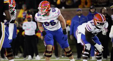 Nov 18, 2023; Columbia, Missouri, USA; Florida Gators offensive lineman Jake Slaughter (66) at the line of scrimmage against the Missouri Tigers during the game at Faurot Field at Memorial Stadium. Mandatory Credit: Denny Medley-Imagn Images