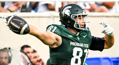Michigan State's Michael Masunas celebrates a first down after a catch against Florida Atlantic during the first quarter on Friday, Aug. 30, 2024, at Spartan Stadium in East Lansing - Nick King, USA TODAY Sports