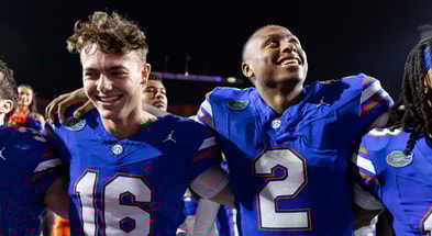 Oct 19, 2024; Gainesville, Florida, USA; Florida Gators quarterback Aidan Warner (16) and Florida Gators quarterback DJ Lagway (2) smile after a game against the Kentucky Wildcats at Ben Hill Griffin Stadium. Mandatory Credit: Matt Pendleton-Imagn Images