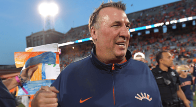 Oct 12, 2024; Champaign, Illinois, USA; Illinois Fighting Illini head coach Bret Bielema celebrates a 50-49 win over the Purdue Boilermakers at Memorial Stadium. Mandatory Credit: Ron Johnson-Imagn Images