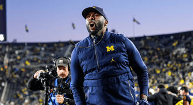 Michigan Wolverines football head coach Sherrone Moore came out fired up for warmups pre-Michigan State. (Photo by Junfu Han / USA TODAY NETWORK via Imagn Images)
