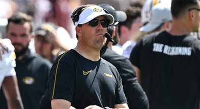 Missouri head coach Eli Drinkwitz spoke to the media ahead of South Carolina-Missouri. © Maria Lysaker-Imagn Images