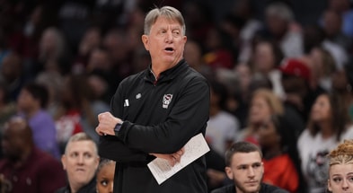 Nov 10, 2024; Charlotte, NC, USA; NC State Wolfpack head coach Wes Moore during the first half against the South Carolina Gamecocks at the Ally Tip Off at Spectrum Center. Mandatory Credit: Jim Dedmon-Imagn Images